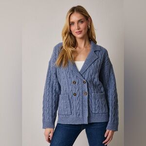 Blue Double Breast Button Cable Sweater Cardigan
